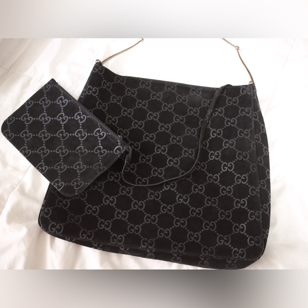 RARE Vintage Gucci Black Suede Monogram Metal Horsebit Strap Hobo Bag - Picture 15 of 17